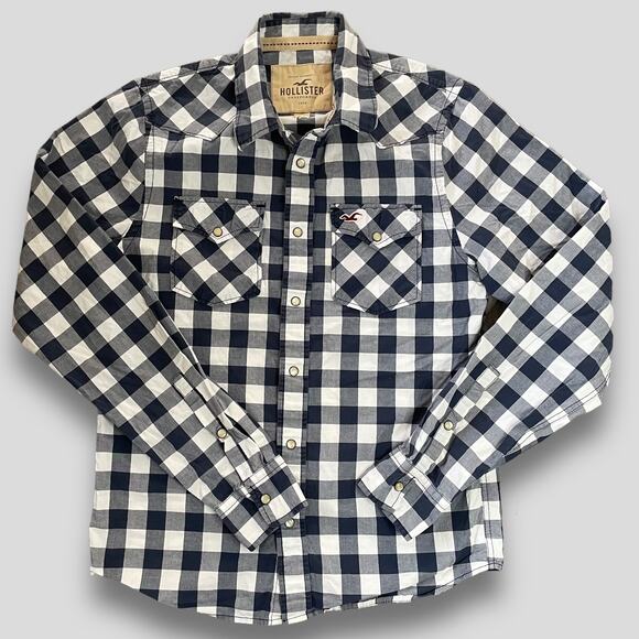 HOLLISTER BUTTON DOWN LONG SLEEVE SNAP SHIRT PLAID CHECK BLUE WHITE PLAID MEDIUM - Picture 1 of 8